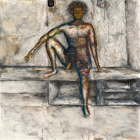 CREDIBLE MESSENGER, 2022

Water-mixable oil, oil pastel, graphite, color pencil, water color, charcoal, and collage (paper, U.S.A. and Cambodian postal stamps, a leaf and foil). 60" x 60", 12 panels. 

Facing death and deprived of humanity, Death Row prisoner Obie Weathers uses painting to cope with and challenge a system that condemns him.