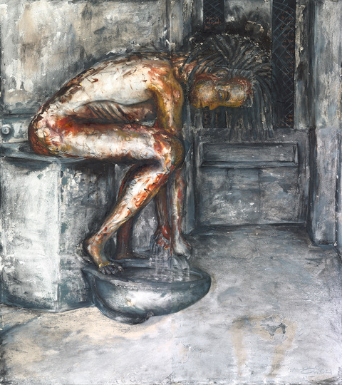 BIRD BATH, 2021

Oil, acrylic, color pencil, and graphite on illustration board. 40" x 45", 6 panels.

Facing death and deprived of humanity, Death Row prisoner Obie Weathers uses painting to cope with and challenge a system that condemns him.