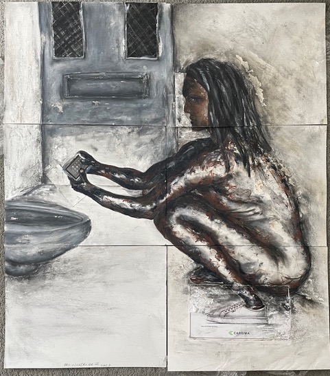 UNDERGROUND SCHOLAR, 2023

Oil, acrylic, color pencil, graphite and collage on illustration board. 40" x 45", 6 panels.

Facing death and deprived of humanity, Death Row prisoner Obie Weathers uses painting to cope with and challenge a system that condemns him.